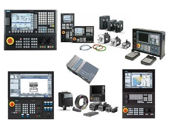 Collection of CNC control panels, displays, and various industrial automation components arranged on a white background.